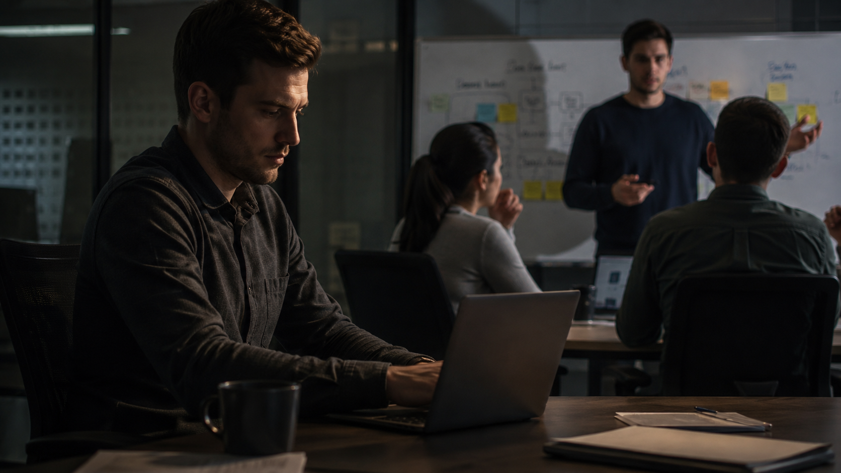 Person trying using his computer while another person is presenting to his team.