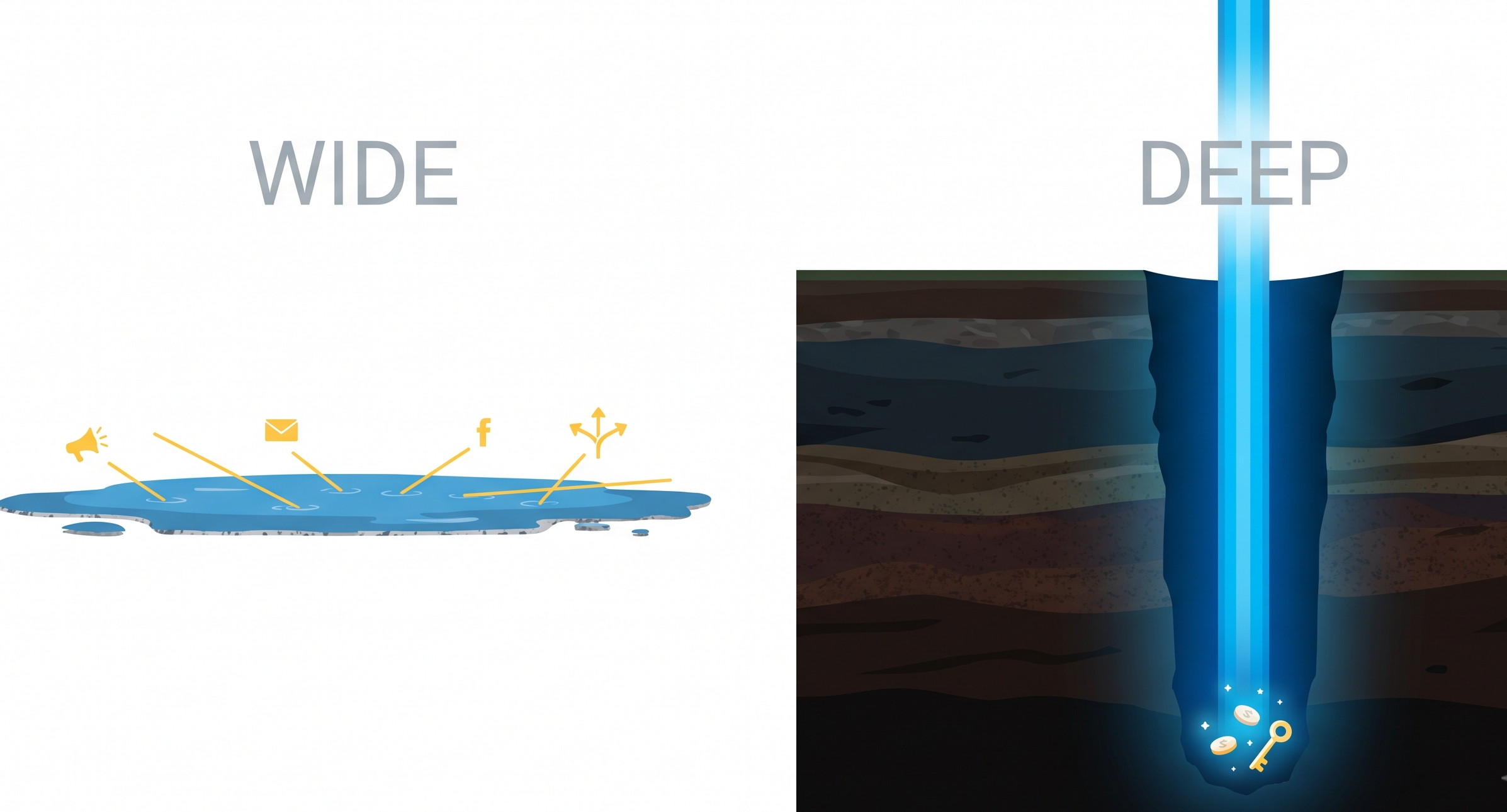 Image illustration of going wide vs deep with marketing